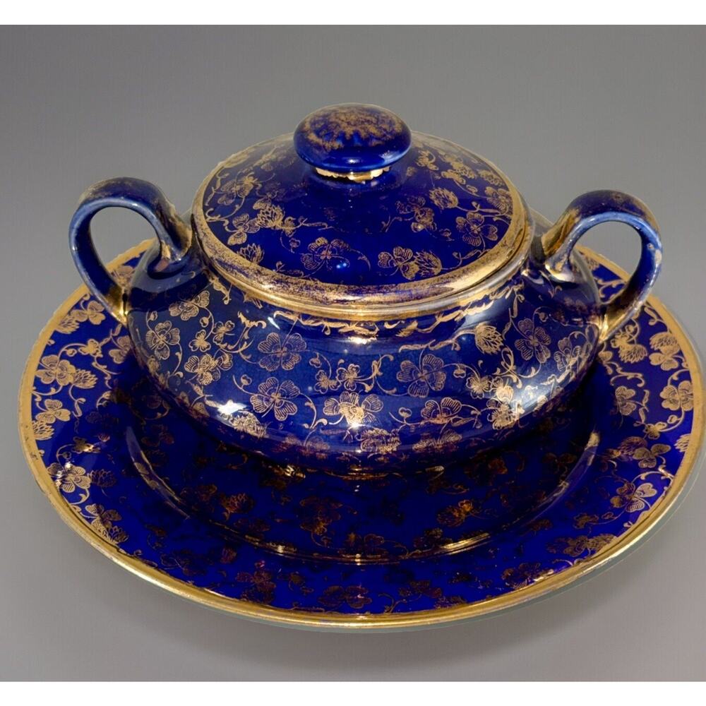 Vintage Genuine Royal Underglaze Blue And Gold Sugar Bowl & Plates 8 Piece Set